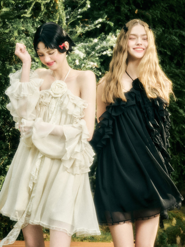 Halter Neck Off-Shoulder Ribbon Dress - CHINASQUAD