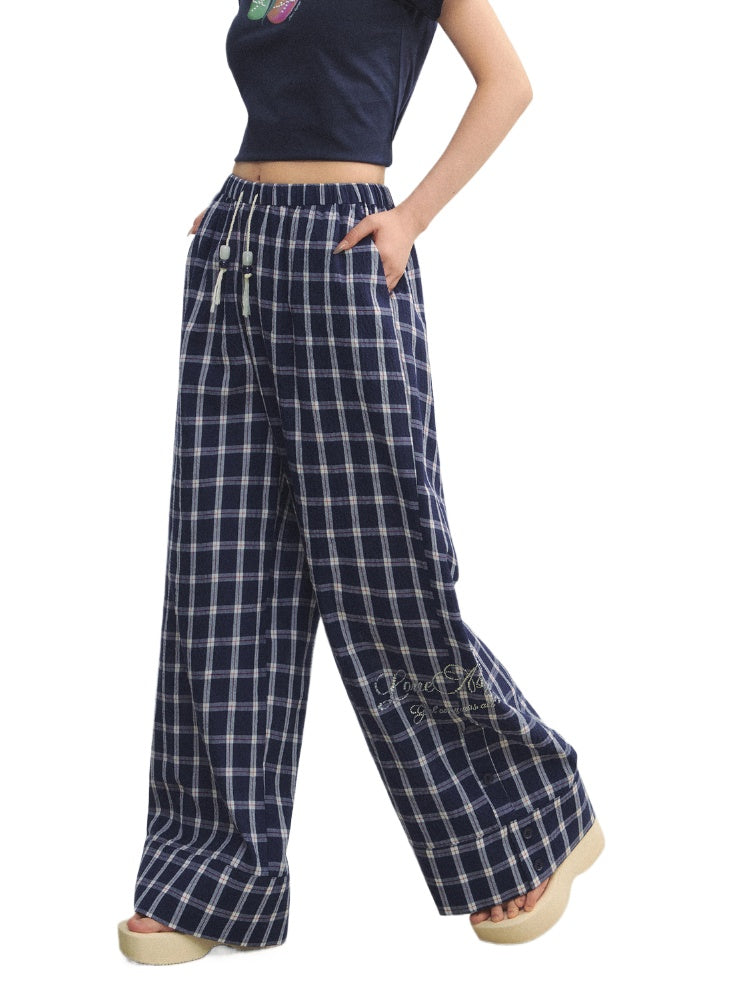 Checkered Strappy Rhinestone Turn-Up Straight-Leg Pants - CHINASQUAD