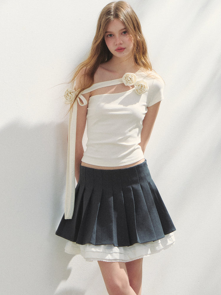 Off-Shoulder Irregular 3D Floral T-Shirt