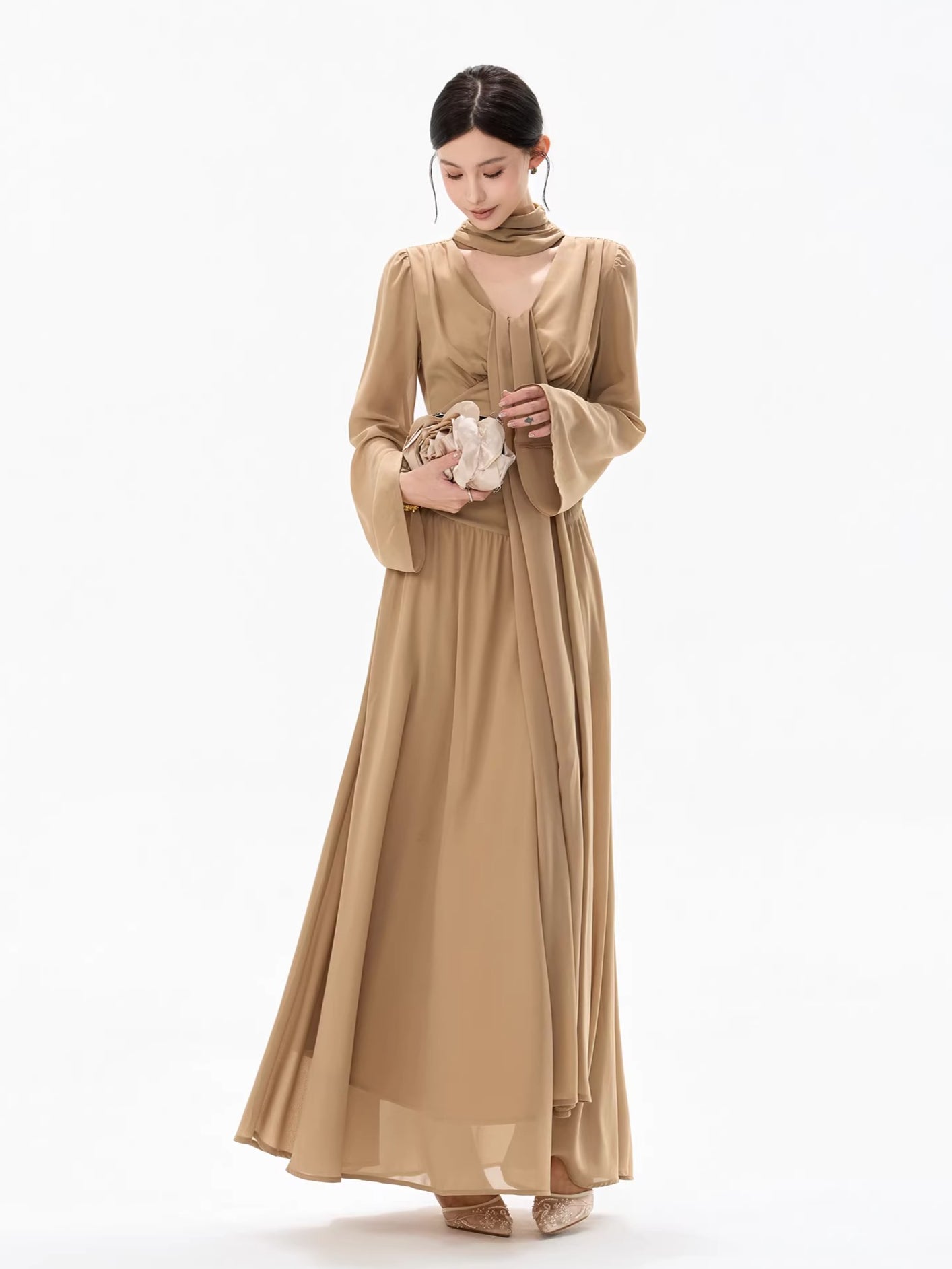 French Ribbon-Tie V-Neck Chiffon Maxi Dress