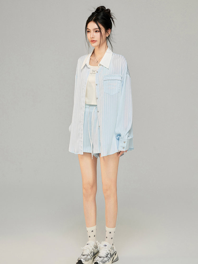 Color-block Shiny Silk Shirt & Shorts Set