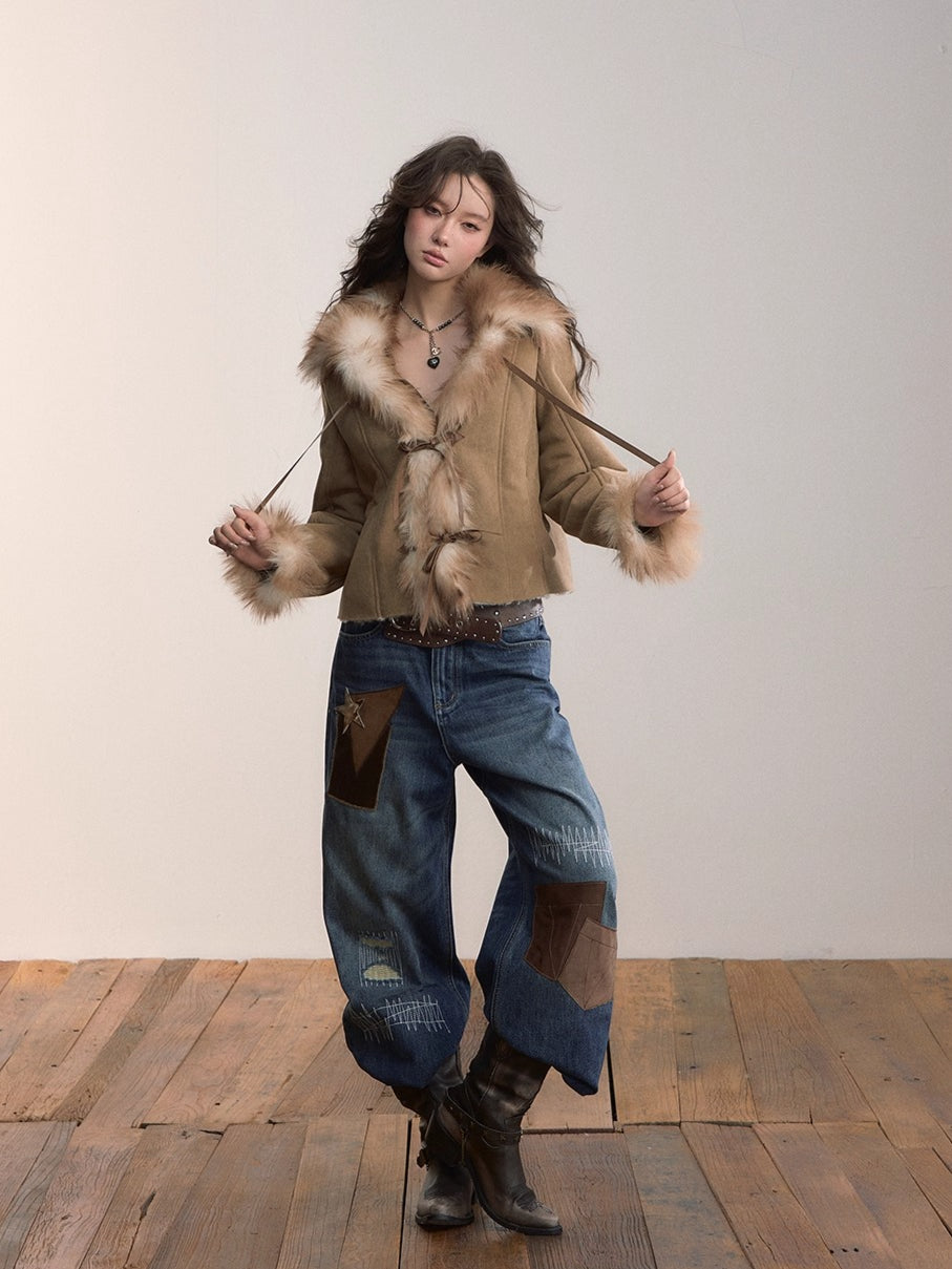 Faux Shearling Bow-Tie Collar Jacket