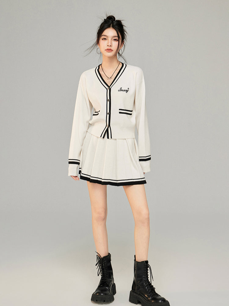 Contrast Color Knit V-neck Cardigan Set - CHINASQUAD