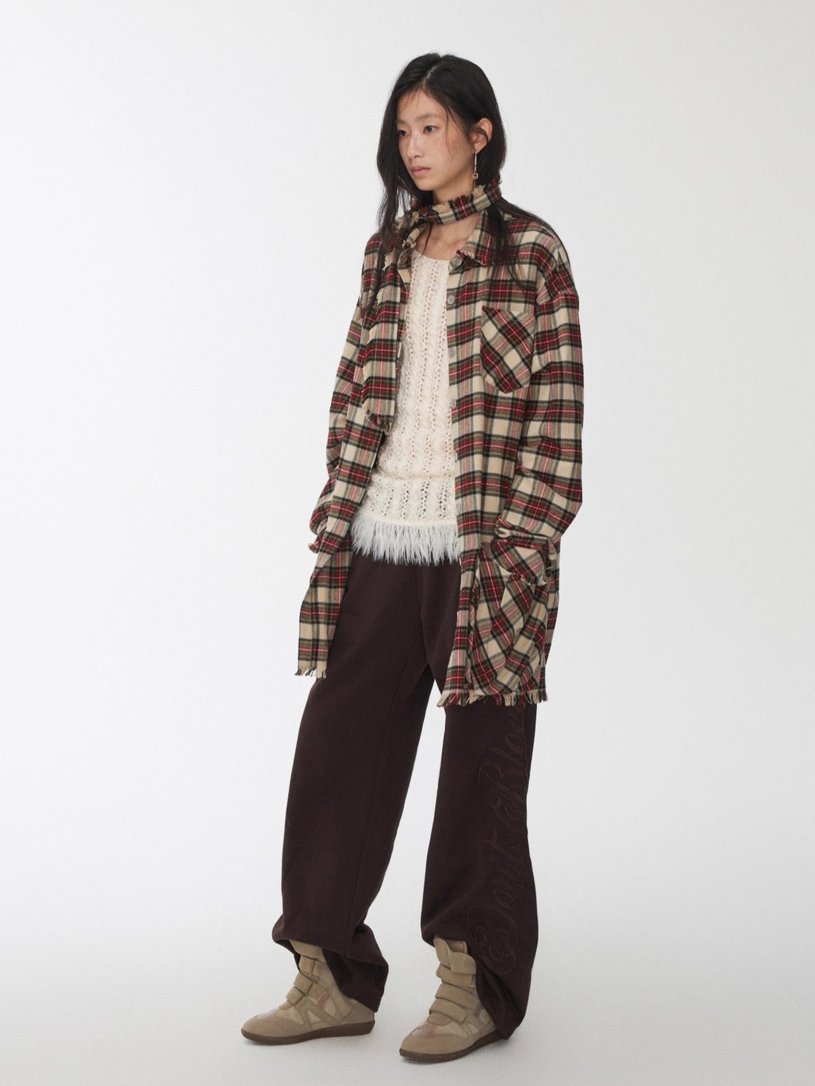 Vintage Red Plaid Frayed-Edge Utility Shirt Dress