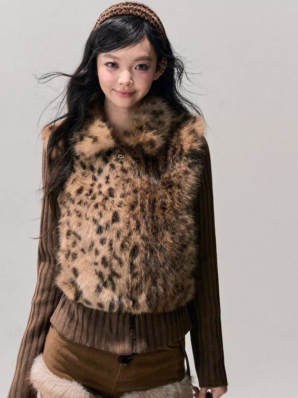 Faux Two-Piece Eco Fur Knit Jacket