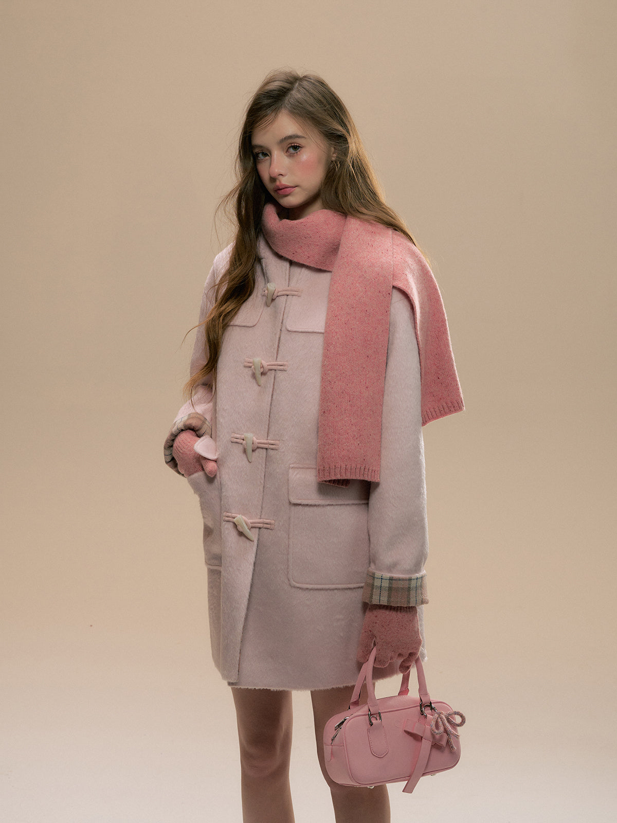 (Final Sale) Pink Plaid Horn-buttoned Coat - CHINASQUAD