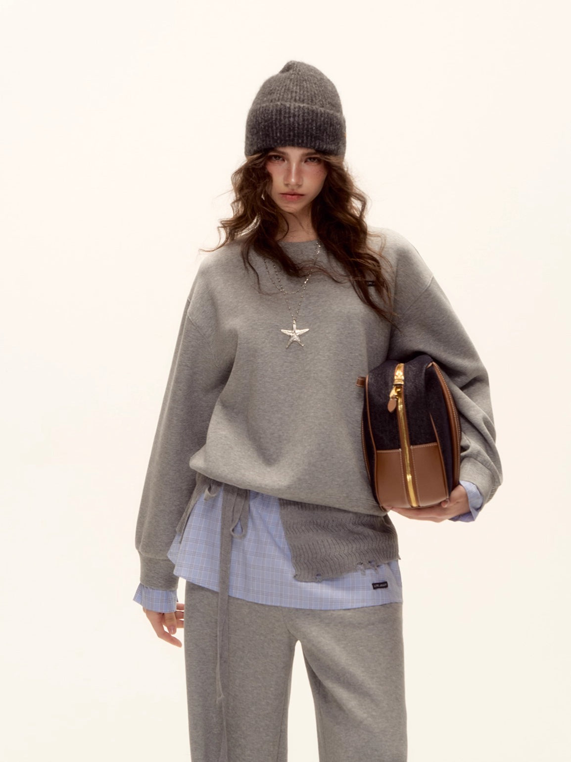 Patchwork Sweatshirt & Curved-Hem Knit Pants Set