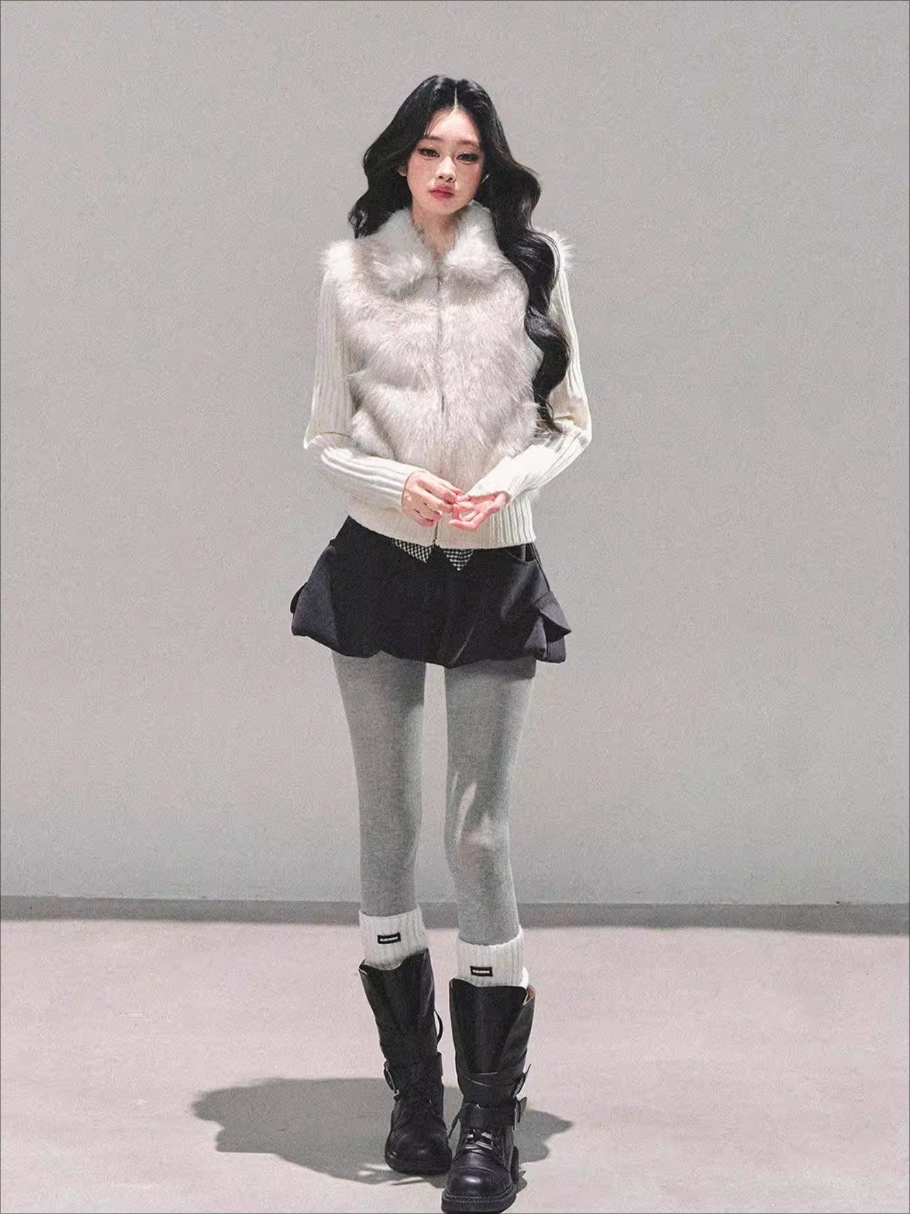 Faux Two-Piece Eco Fur Knit Jacket