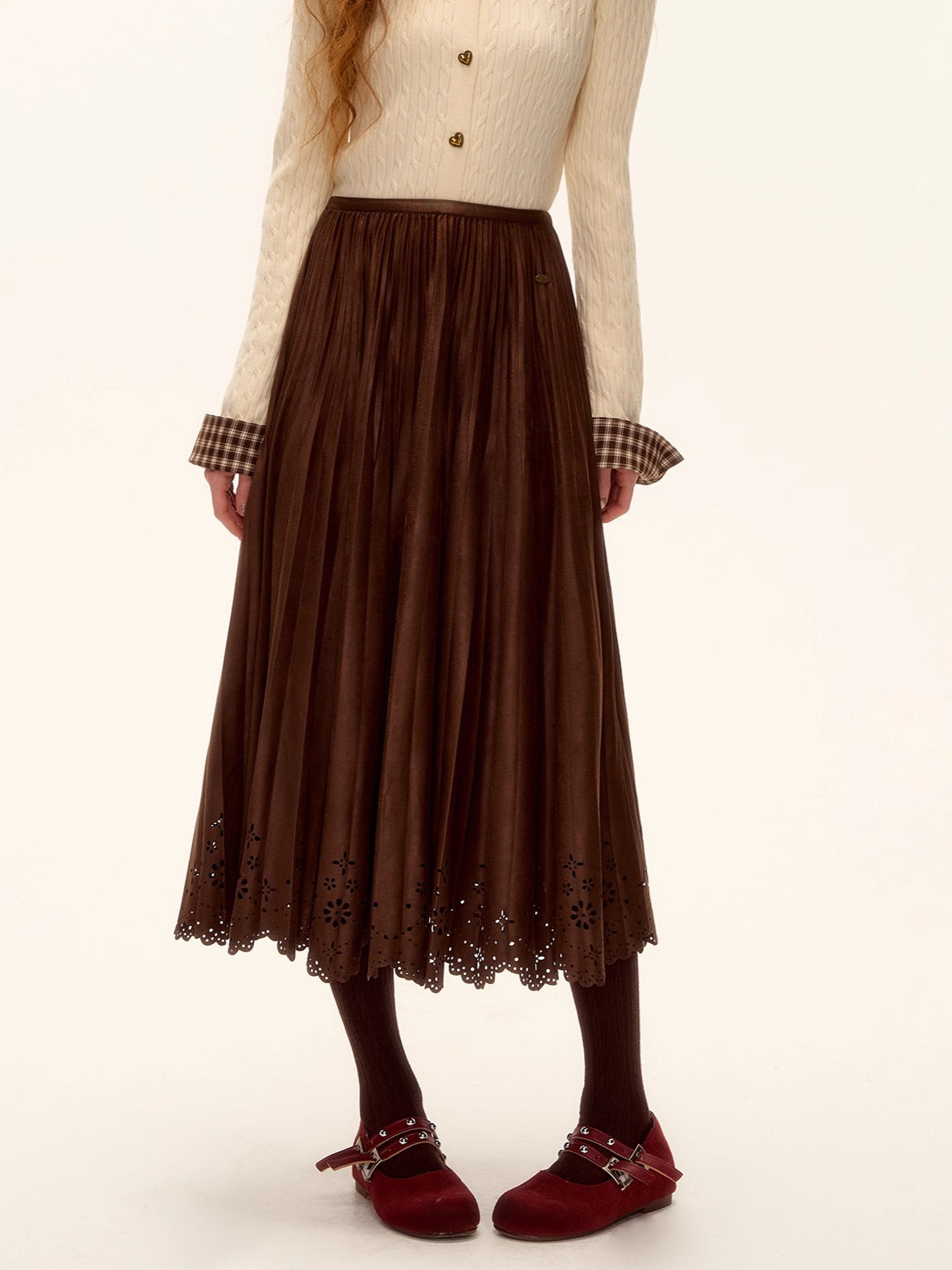 Suede Pleated Midi Skirt