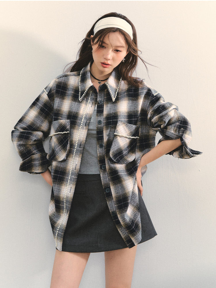Pearl-Trimmed Polo-Neck Checkered Shirt - CHINASQUAD