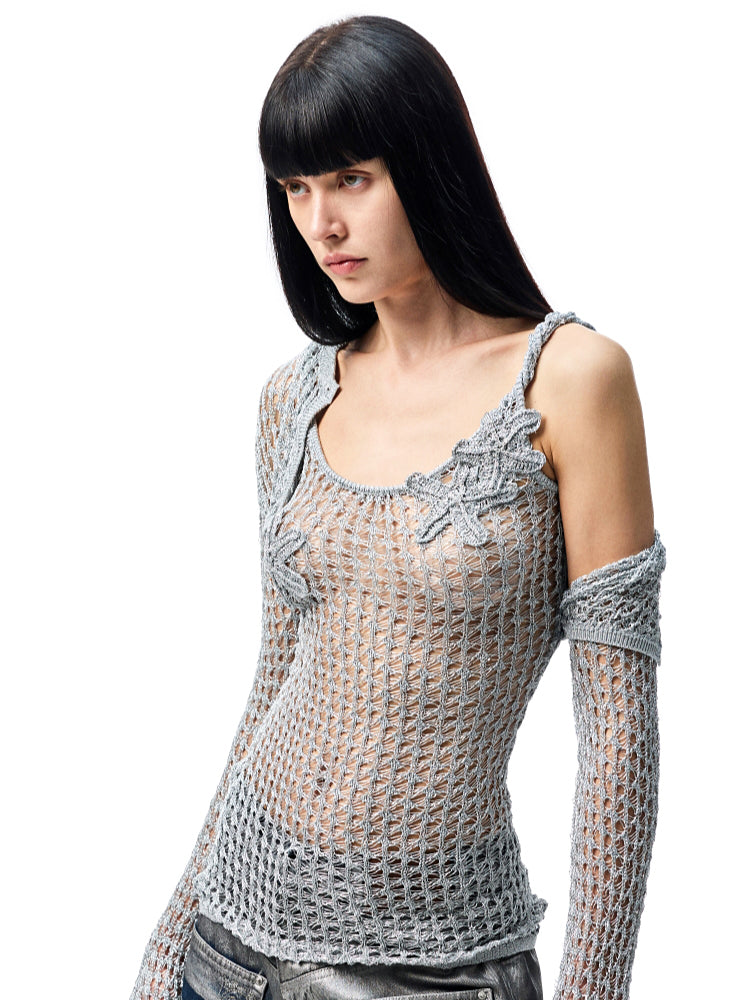 Hollow-Out Knitted Cropped Long-Sleeve Cover-Up - CHINASQUAD