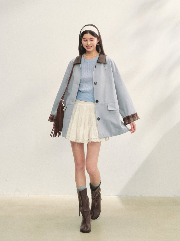 Plaid Patchwork Color-Block Trench Coat - CHINASQUAD