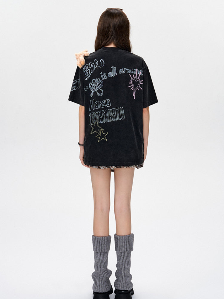 Graffiti Short Sleeve Loose Cotton T-shirt - CHINASQUAD