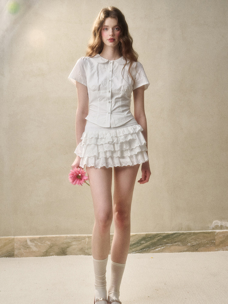 Embroidered Lace Waist Shirt & Skirt Set - CHINASQUAD
