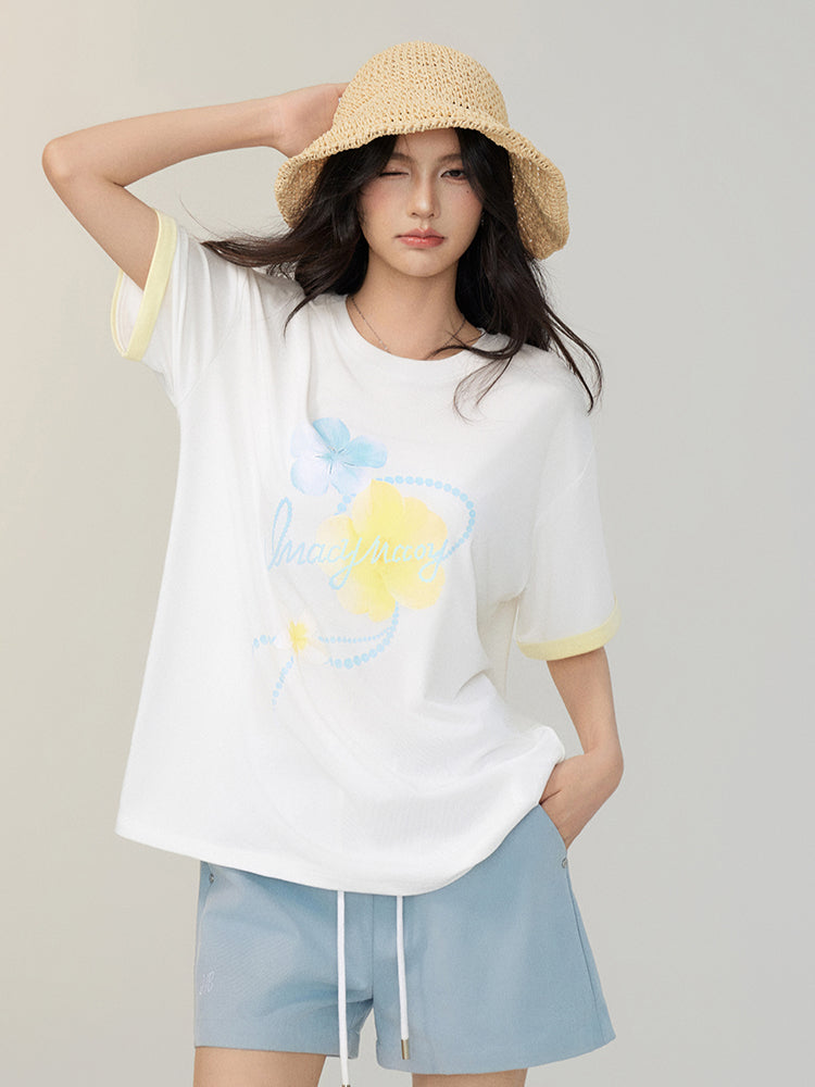 White Contrast-Color Cooling Floral T-shirt