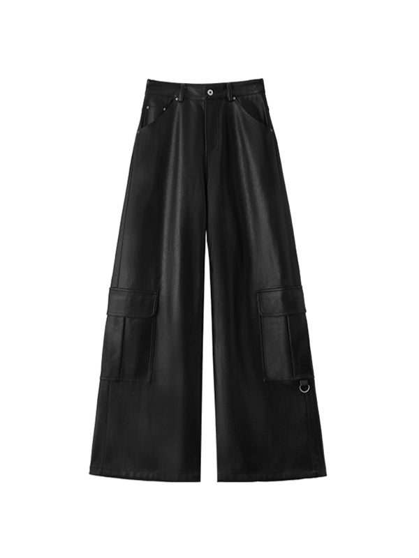 Matte Black Eco-Leather Wide-Leg Pants - CHINASQUAD