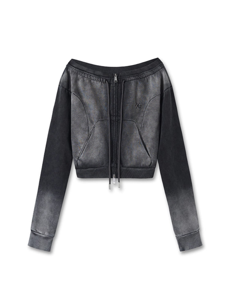 Washed Slim-Fit One-Shoulder Zip-up Sweatshirt - CHINASQUAD
