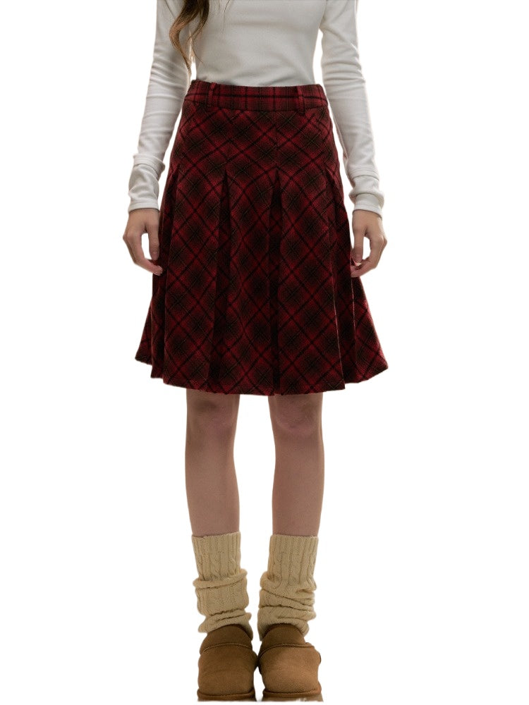 (Final Sale) Vintage Red Plaid Wool Christmas Pleated Skirt - CHINASQUAD