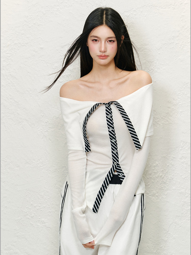 Striped Colorblock Off-Shoulder Long Sleeve T-shirt - CHINASQUAD