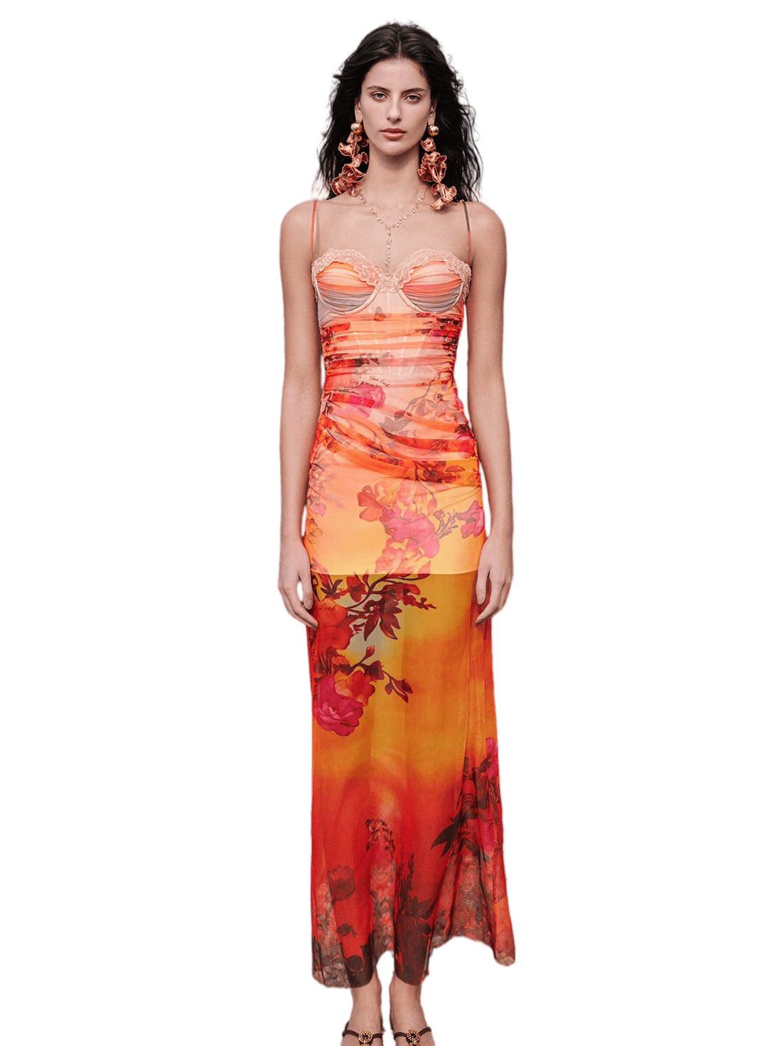 Floral Mesh Corset Slip Mermaid Maxi Dress Orange (Pre-sale) / XS