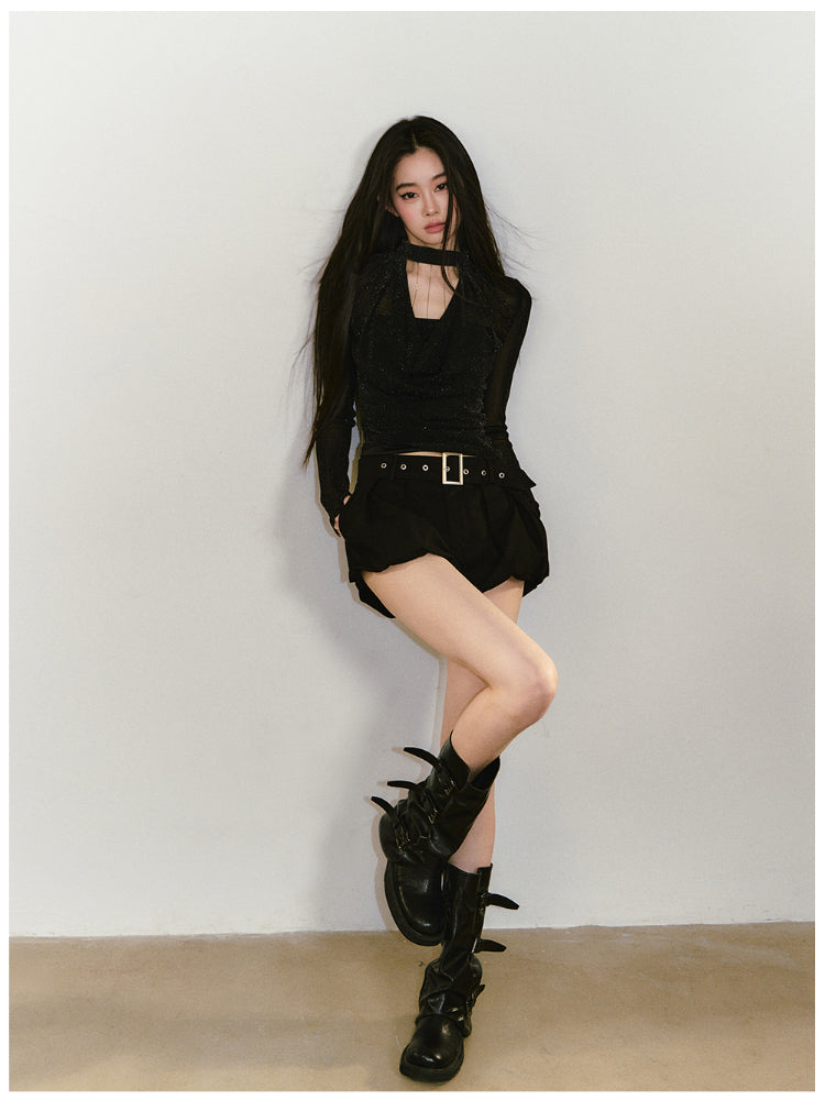 Chain Halter Draped Neck Fitted T-shirt - CHINASQUAD
