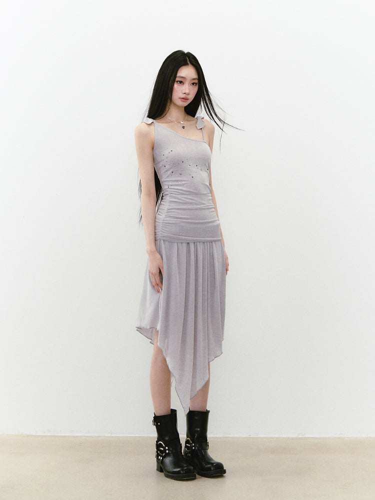 Beaded Strappy Asymmetric Dress - CHINASQUAD