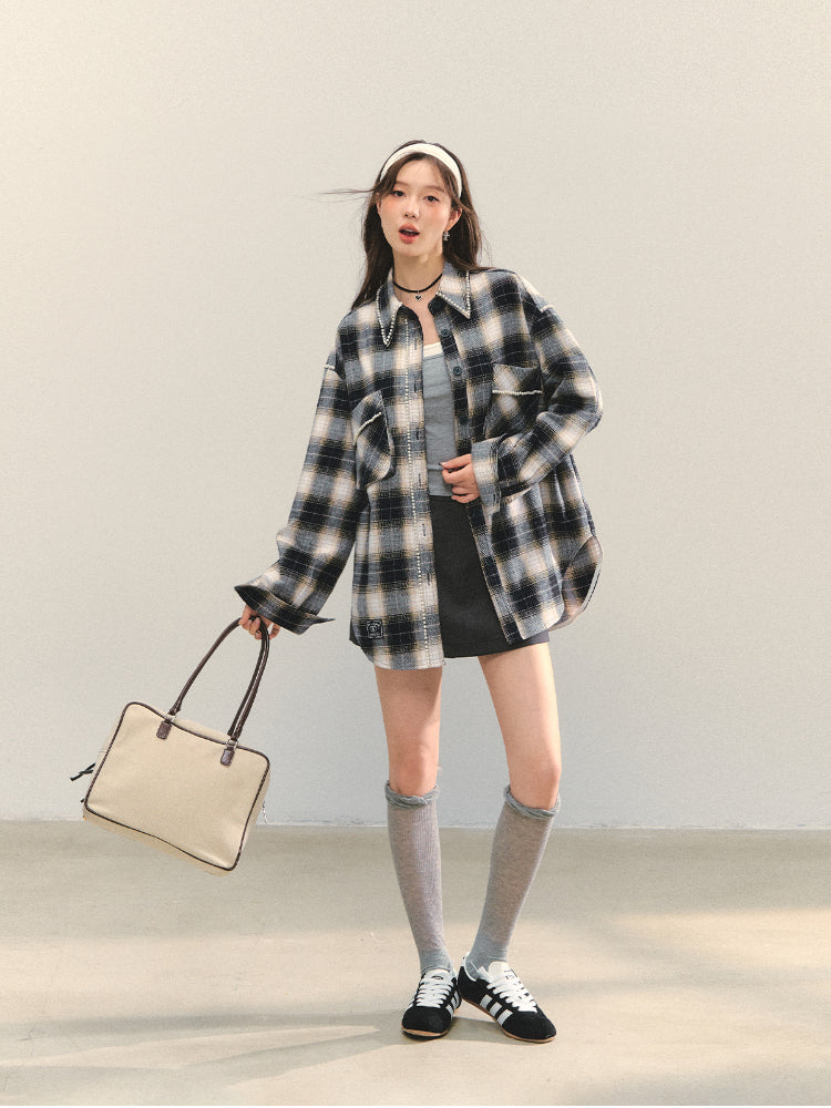 Pearl-Trimmed Polo-Neck Checkered Shirt - CHINASQUAD