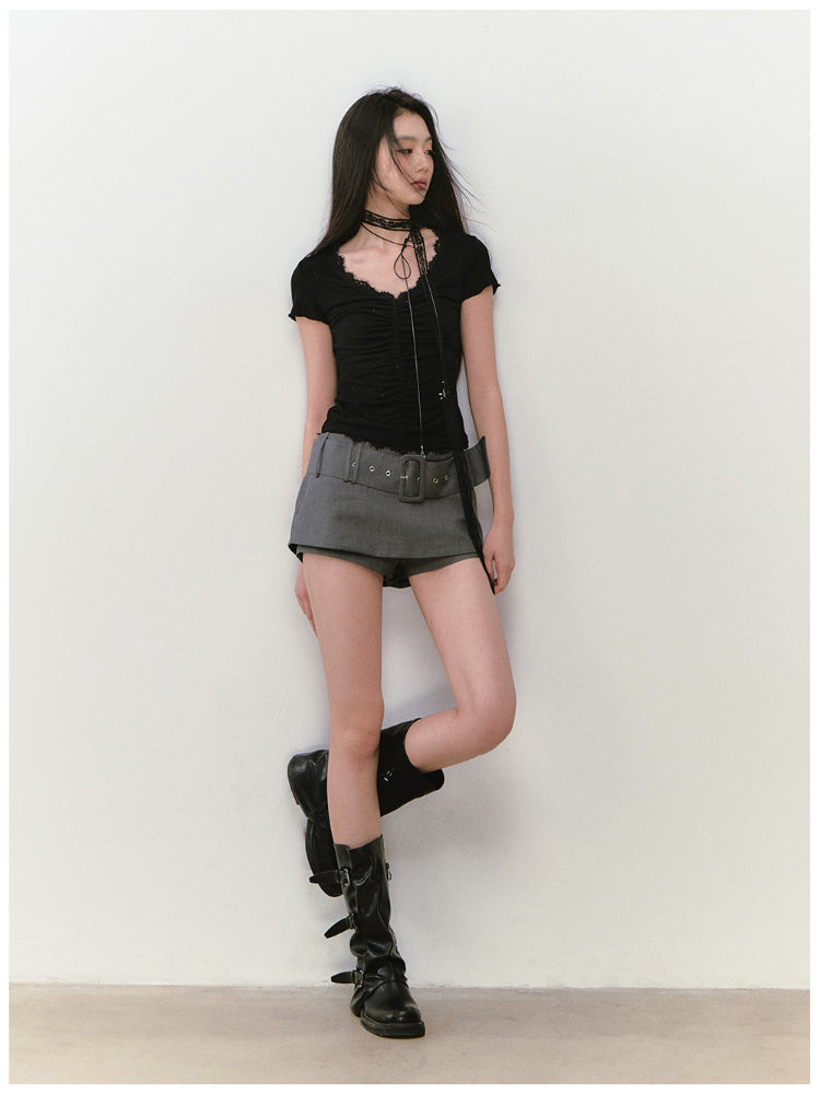 Acetate Lace Backless Beaded Short-sleeve T-shirt
