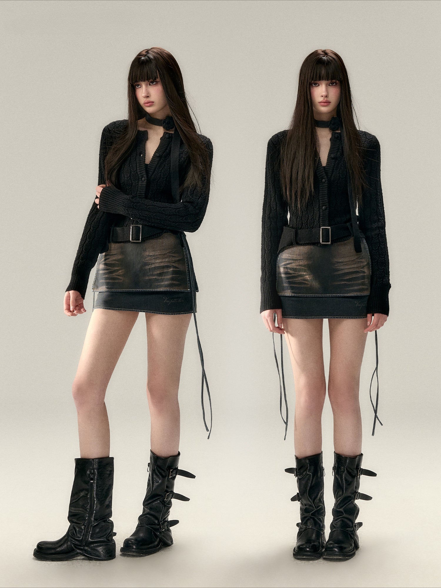 Belted Hollow Out Knit Sweater - CHINASQUAD