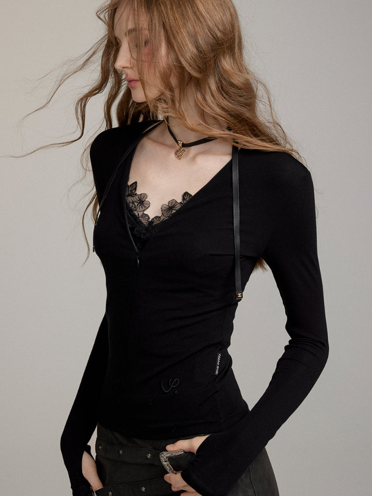 V-neck Slim Fit Zipper Long Sleeve T-shirt - CHINASQUAD