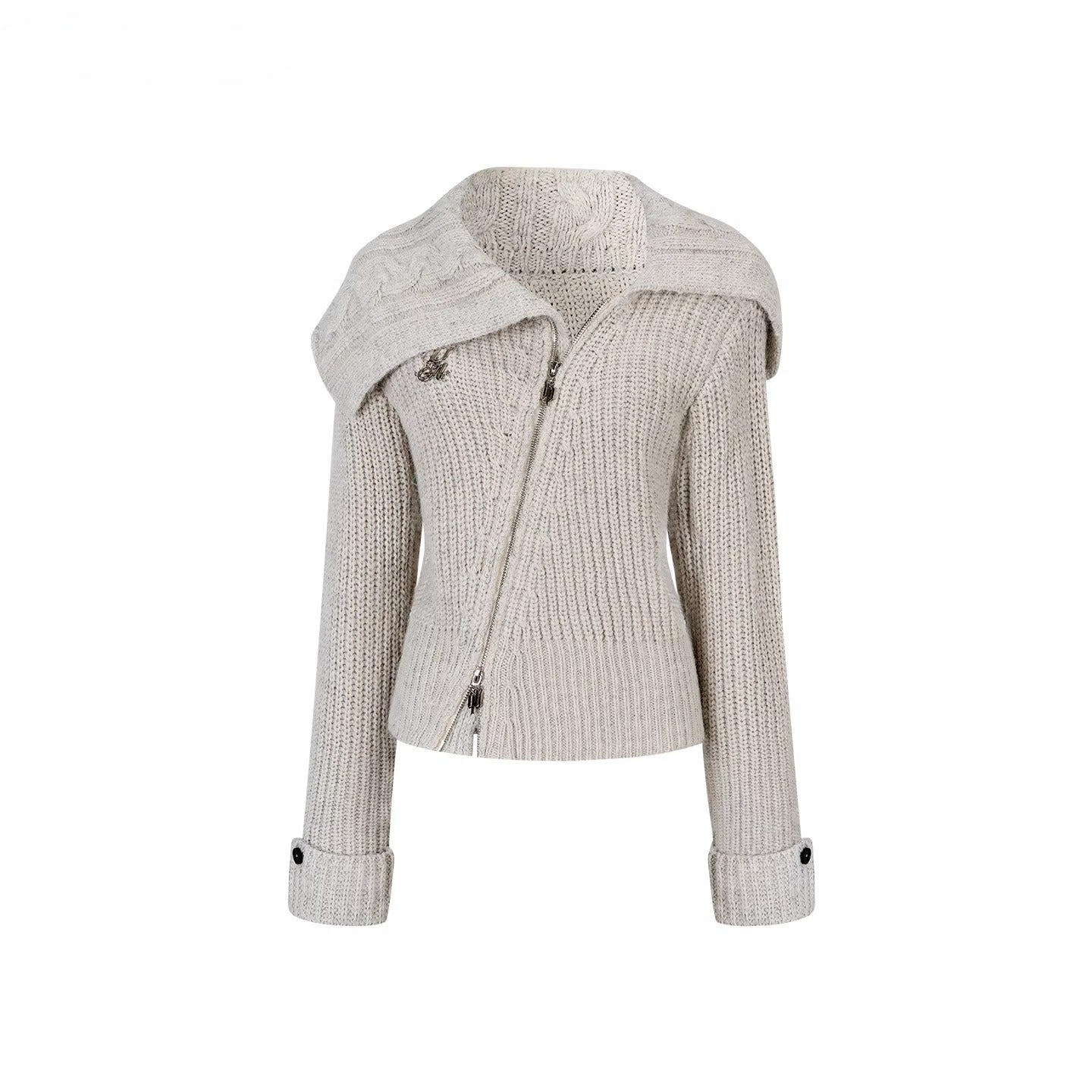 Oversized Lapel Asymmetrical Zip Knit Cardigan - CHINASQUAD