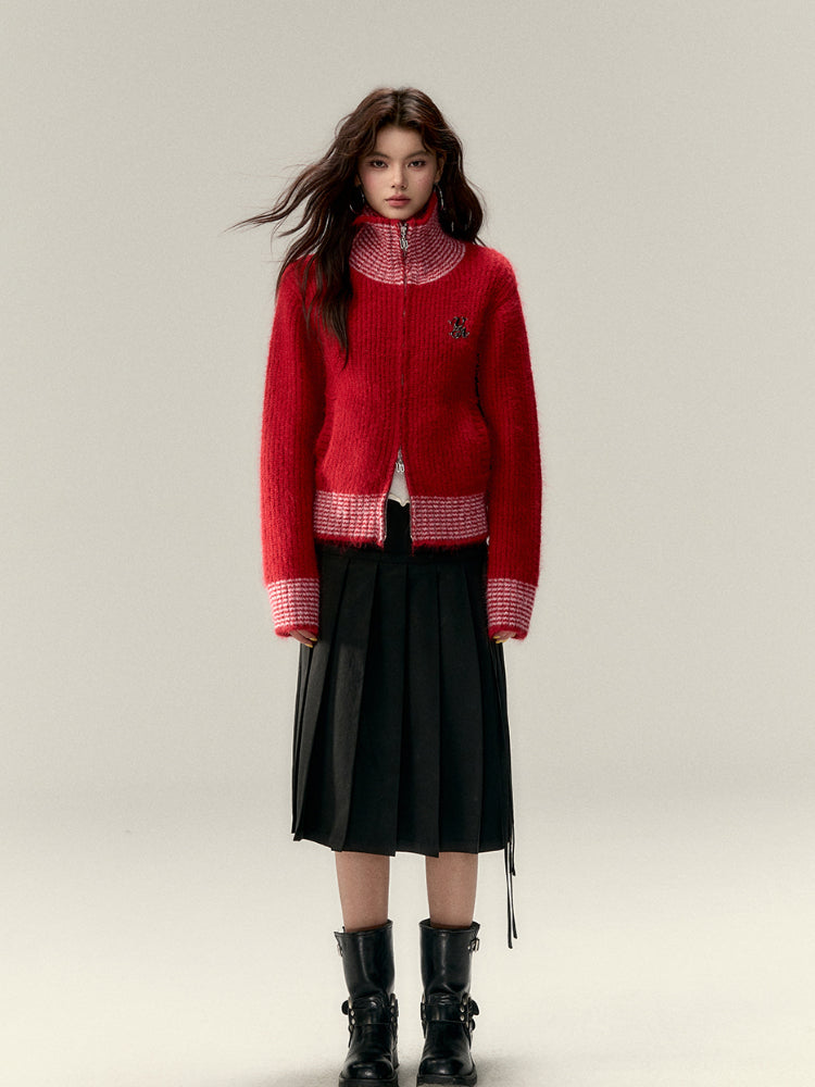 Color-Block High-Neck Knit Cardigan - CHINASQUAD