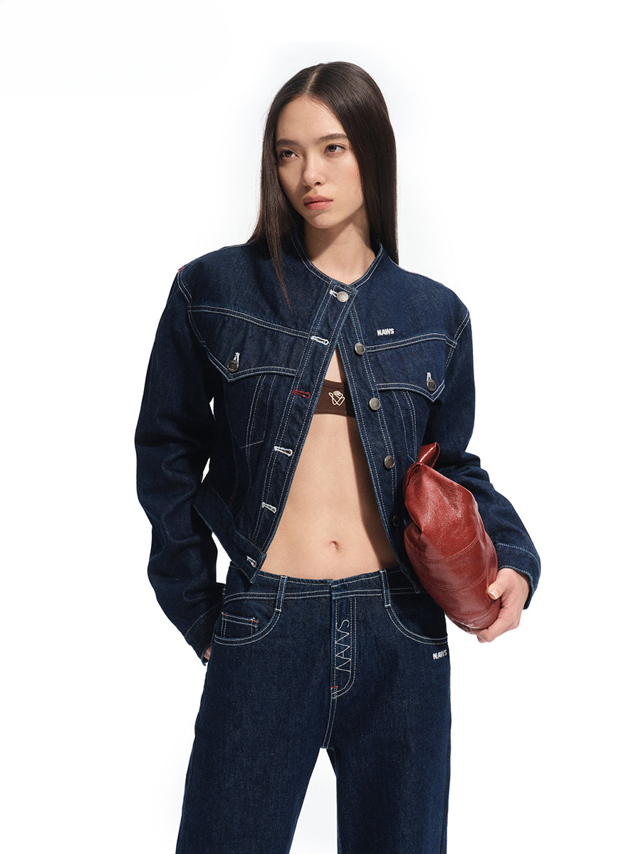 Denim Stand-Collar Regular Shoulder Cropped Jacket - CHINASQUAD