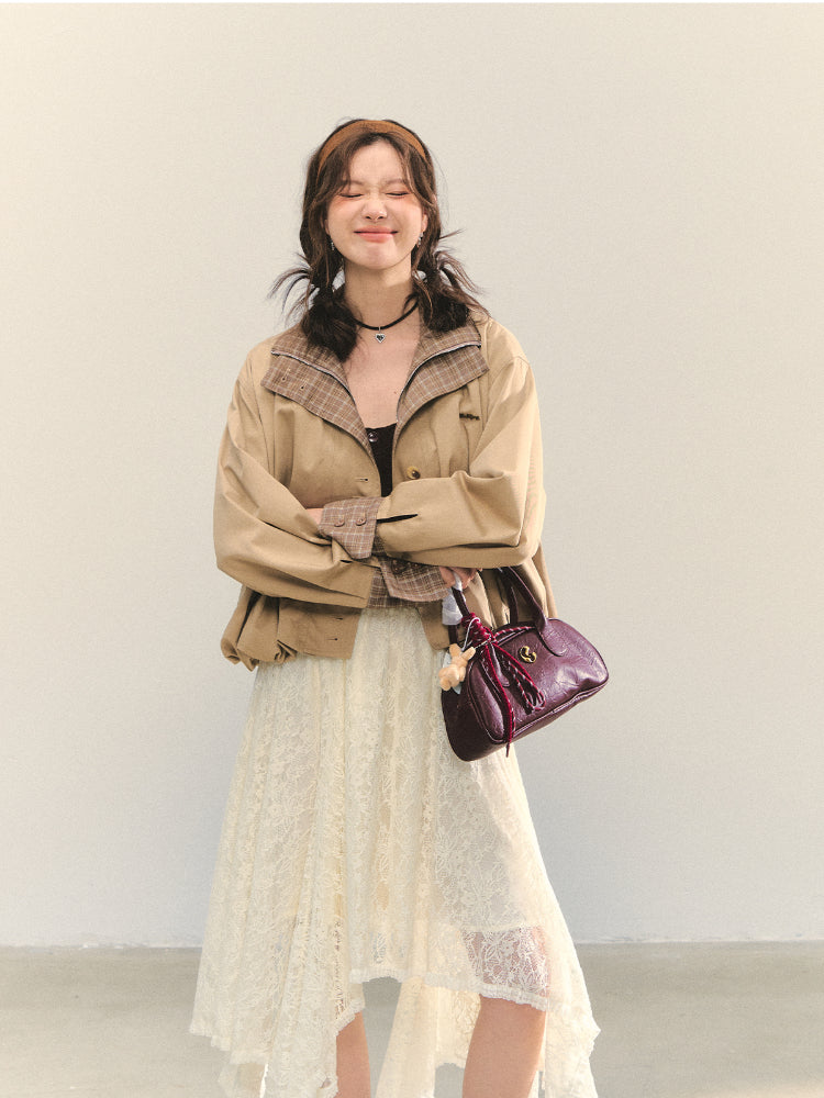 Two-piece Plaid Spliced Cocoon-shaped Trench Jacket - CHINASQUAD