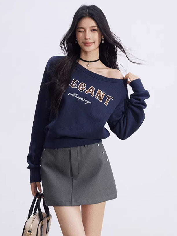 Off-Shoulder Letter-Print Cropped Sweatshirt