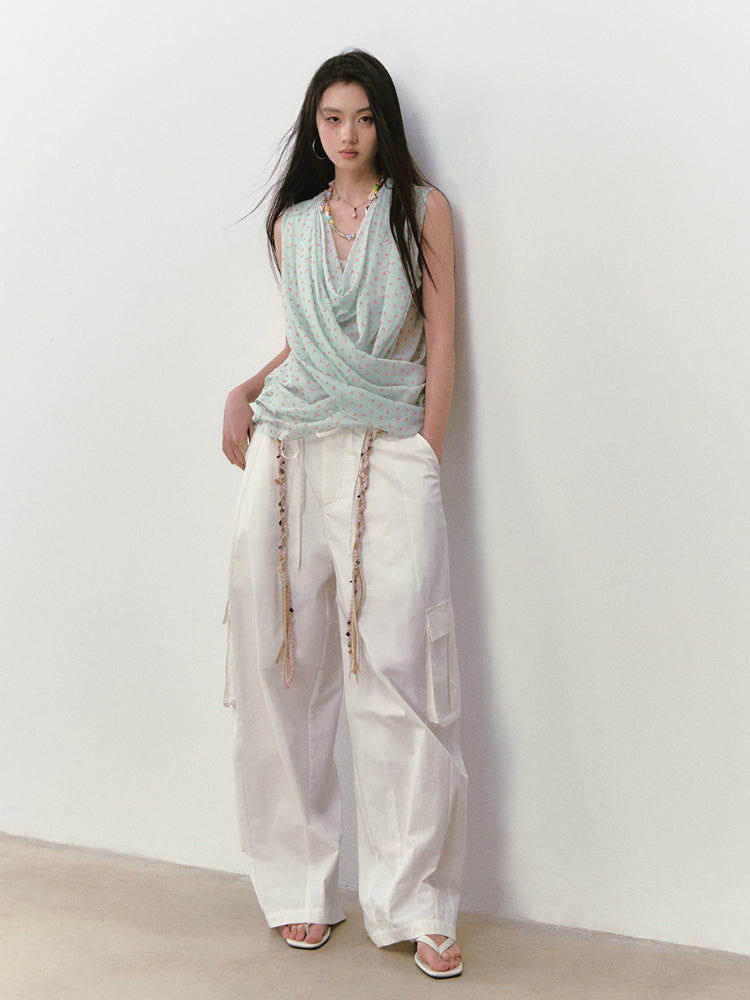 Wide-Leg Beaded Cargo Large Pockets Pants - CHINASQUAD