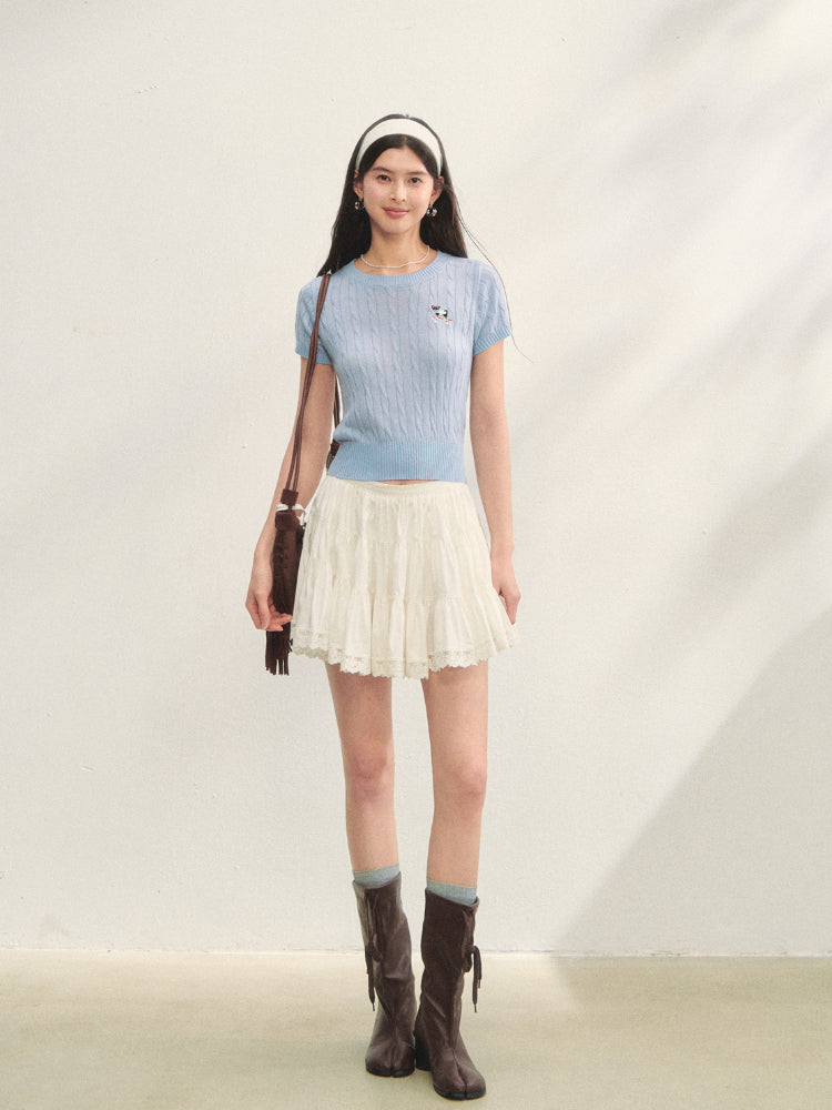 Puppy Embroidered Regular-shoulder Twist Knit T-shirt - CHINASQUAD