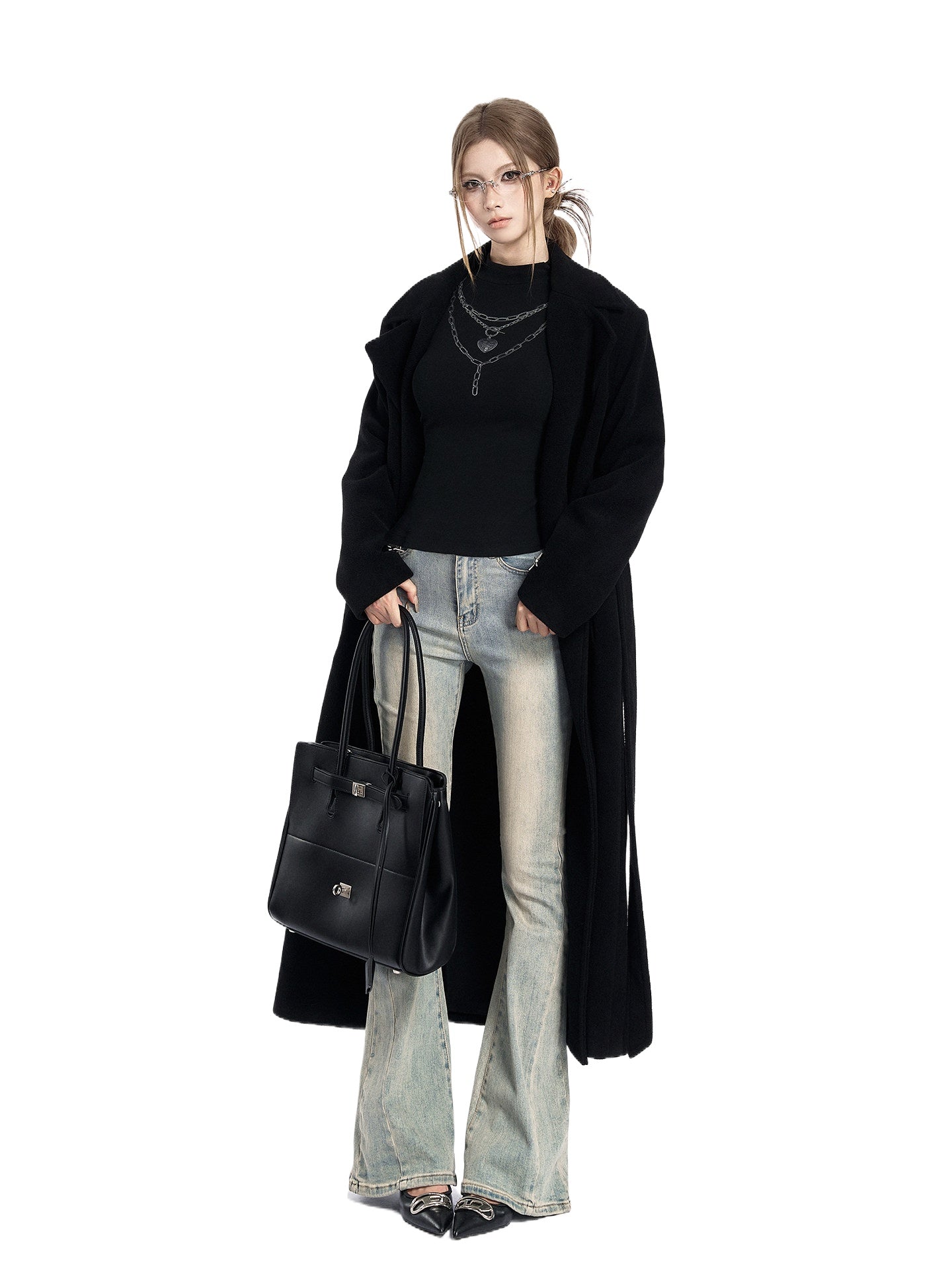 Padded-Shoulder Wool-Blend Long Coat