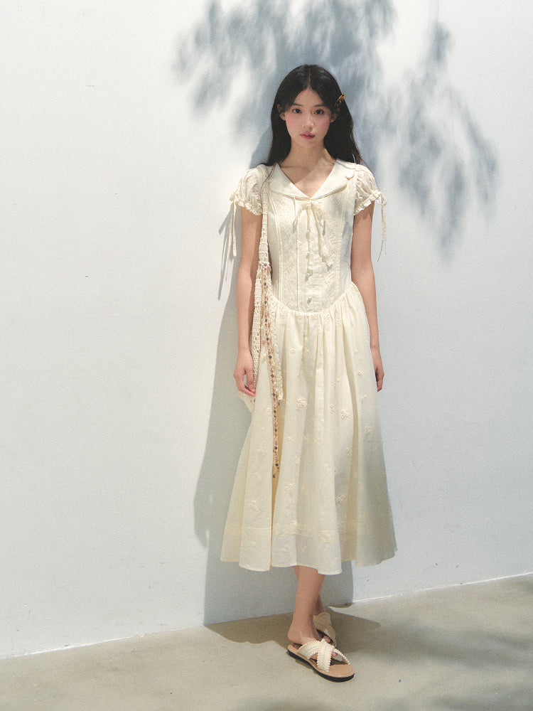 Embroidered Shirt-Collar Tea-Break Dress - CHINASQUAD