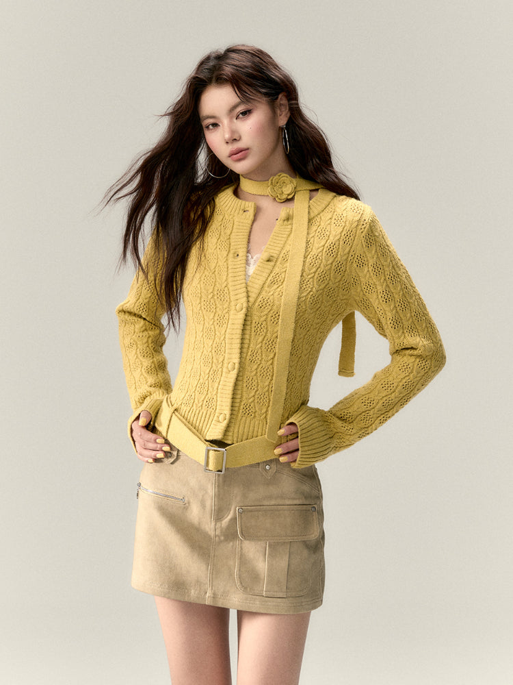 Belted Hollow Out Knit Sweater - CHINASQUAD