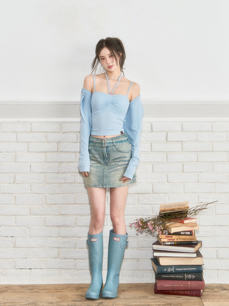 Belted Rhinestone Denim Skirt - CHINASQUAD