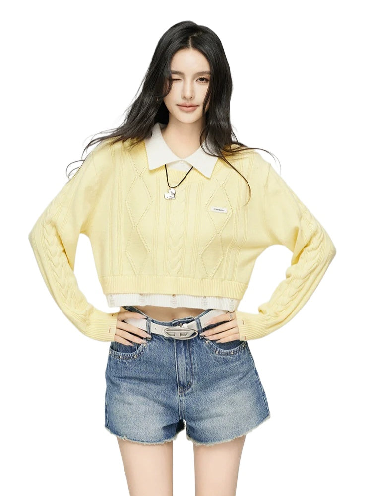 Yellow & Gray 2-in-1 Frayed-edge Sweater - CHINASQUAD