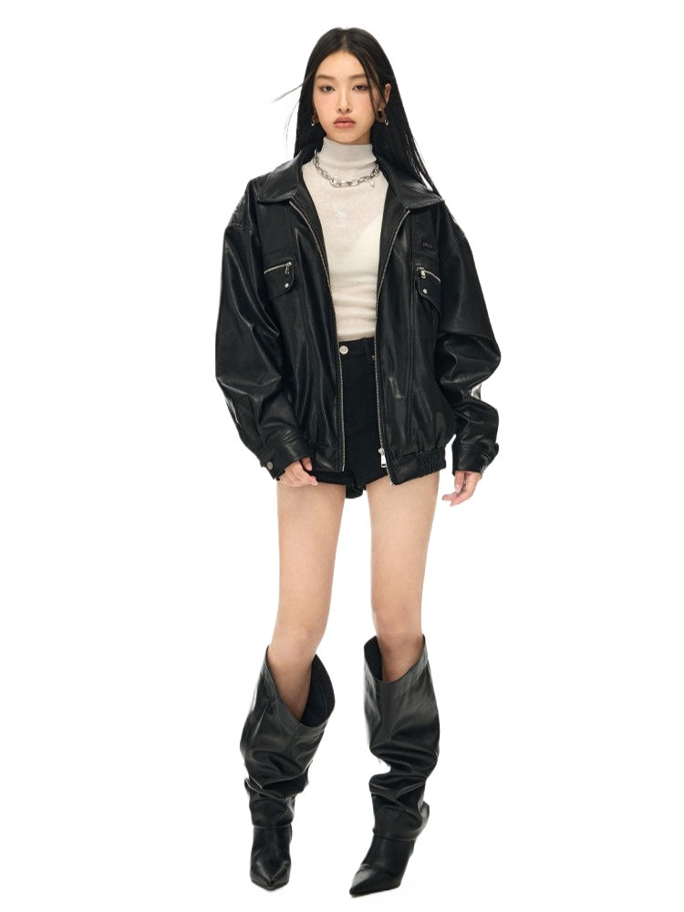 Black & White Vintage Silhouette Collar Moto Jacket - CHINASQUAD