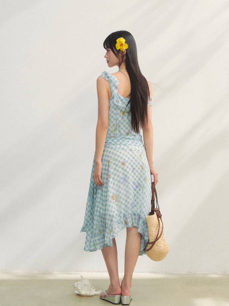 Checkered Print Asymmetrical Slip Dress - CHINASQUAD