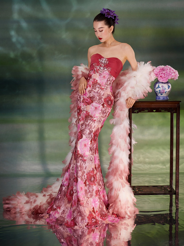 Floral Embroidered Strapless Mermaid Gown