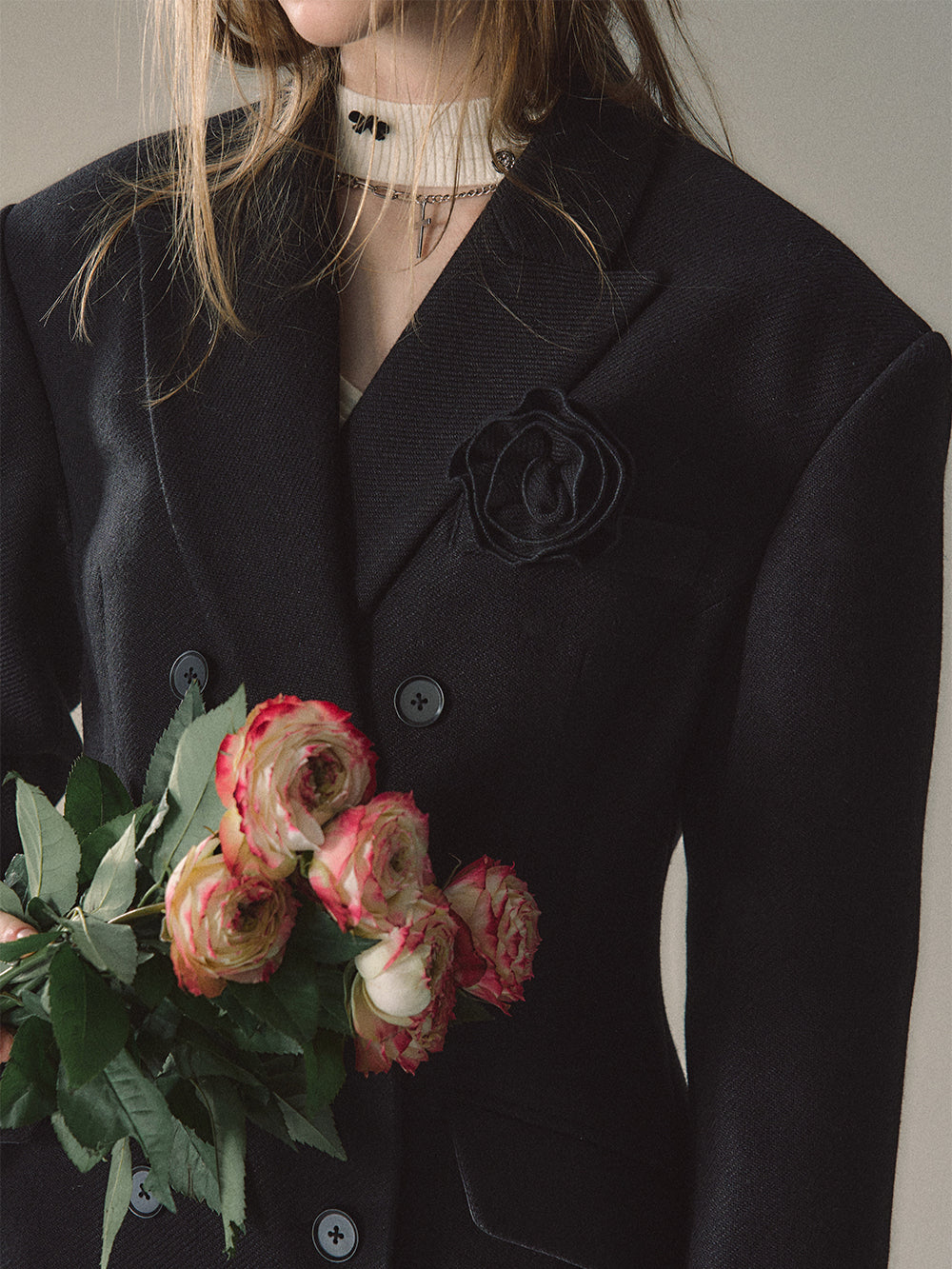 Black & Apricot Double-breasted Wool Blazer - CHINASQUAD