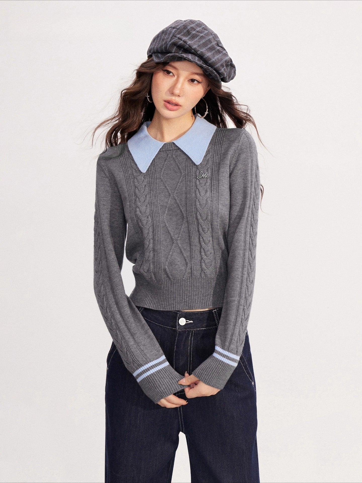 Contrast-Collar Cable-Knit Polo Sweater