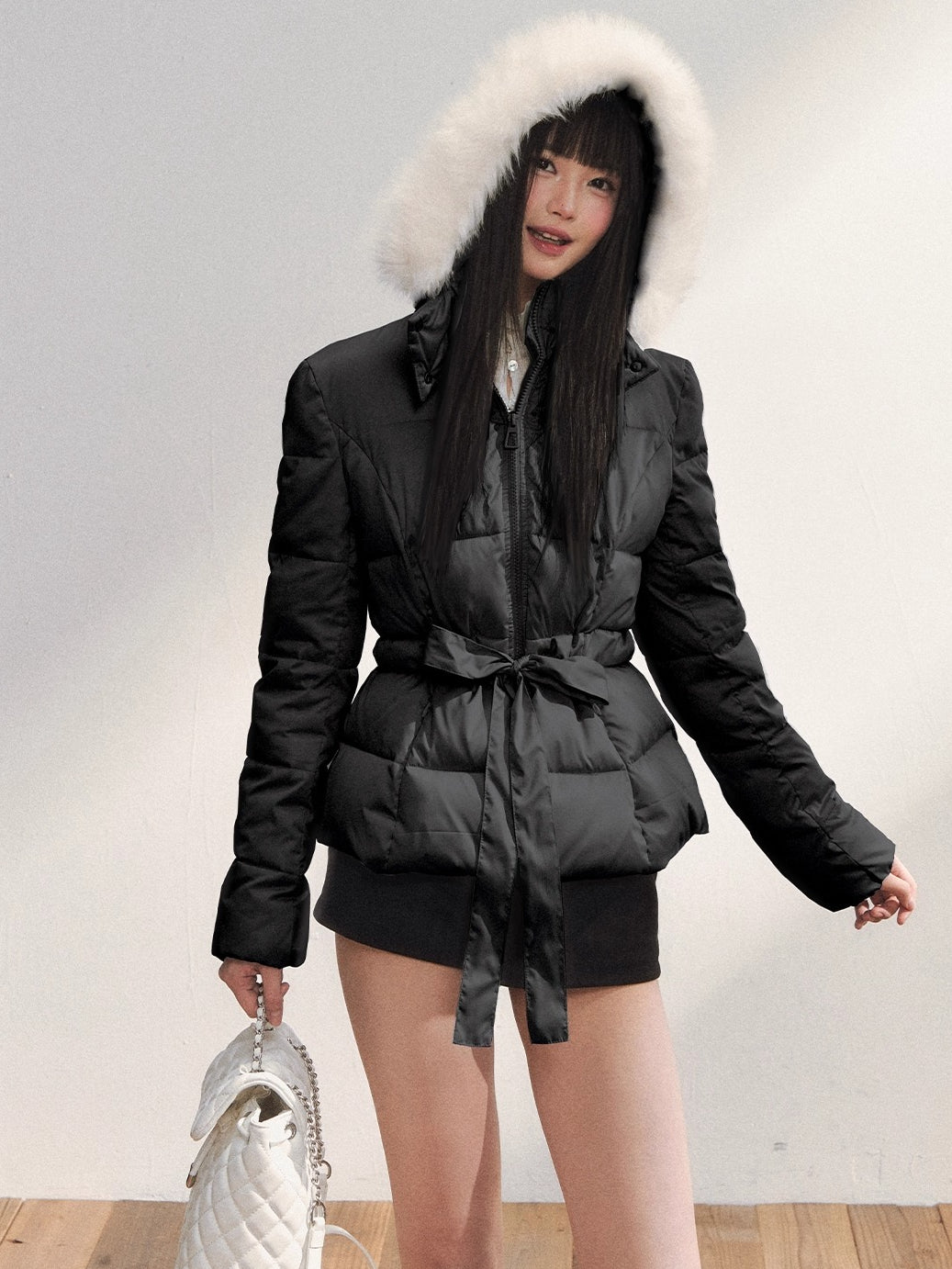 Two-Tone Belted Detachable Fur Hood Down Jacket