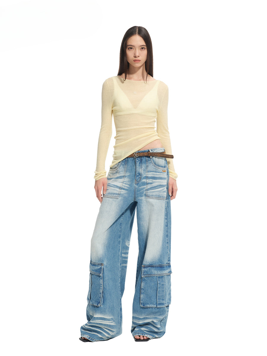 Washed Twill Denim Whisker Wide-leg Jeans - CHINASQUAD