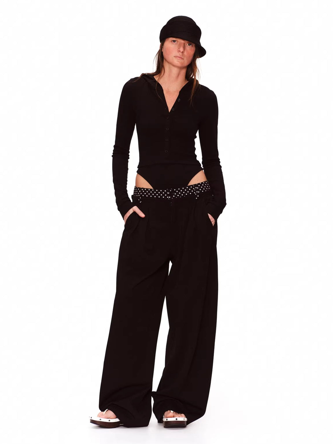 Double-Waist Polka Dot Wide-Leg Trousers